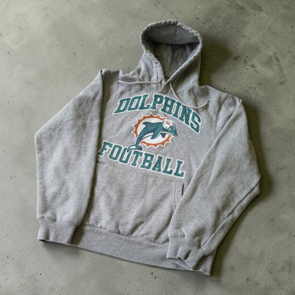 VTG Old Navy Miami Dolphins Football Hoodie Gray Fleece Sweatshirt Mens S NFL